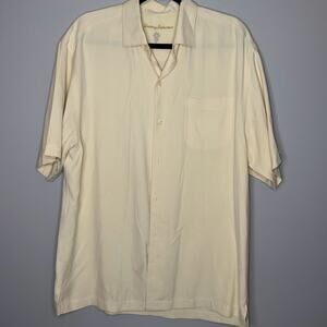 Tommy Bahama Silk Men Size Lg Cream Checked Button Up Short Sleeve Hawiian Shirt